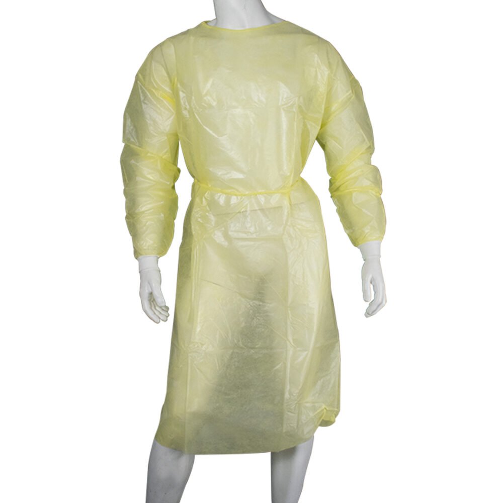ULTRA HEALTH ISOLATION GOWN PP/PE IMPERVIOUS ELASTIC CUFF & NECK TIES YELLOW – UNIVERSAL (S-L)(50 Units)