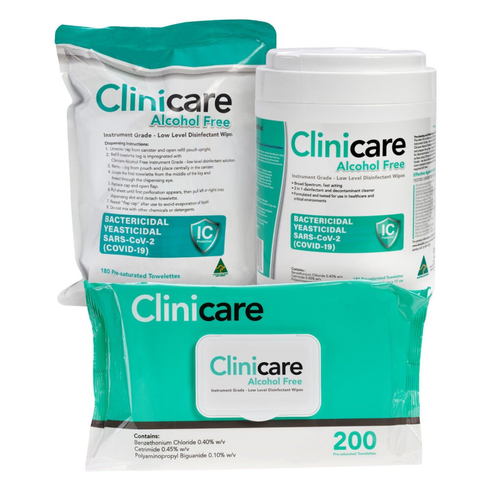 CLINICARE HOSPITAL GRADE DISINFECTANT & DECONTAMINANT WIPES FLAT PACK 200 WIPES (Australian Made)
