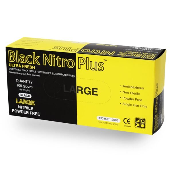 ULTRA FRESH BLACK NITRO NITRILE GLOVES INDUSTRIAL WEIGHT EXTENDED CUFF 300mm POWDER-FREE BLACK