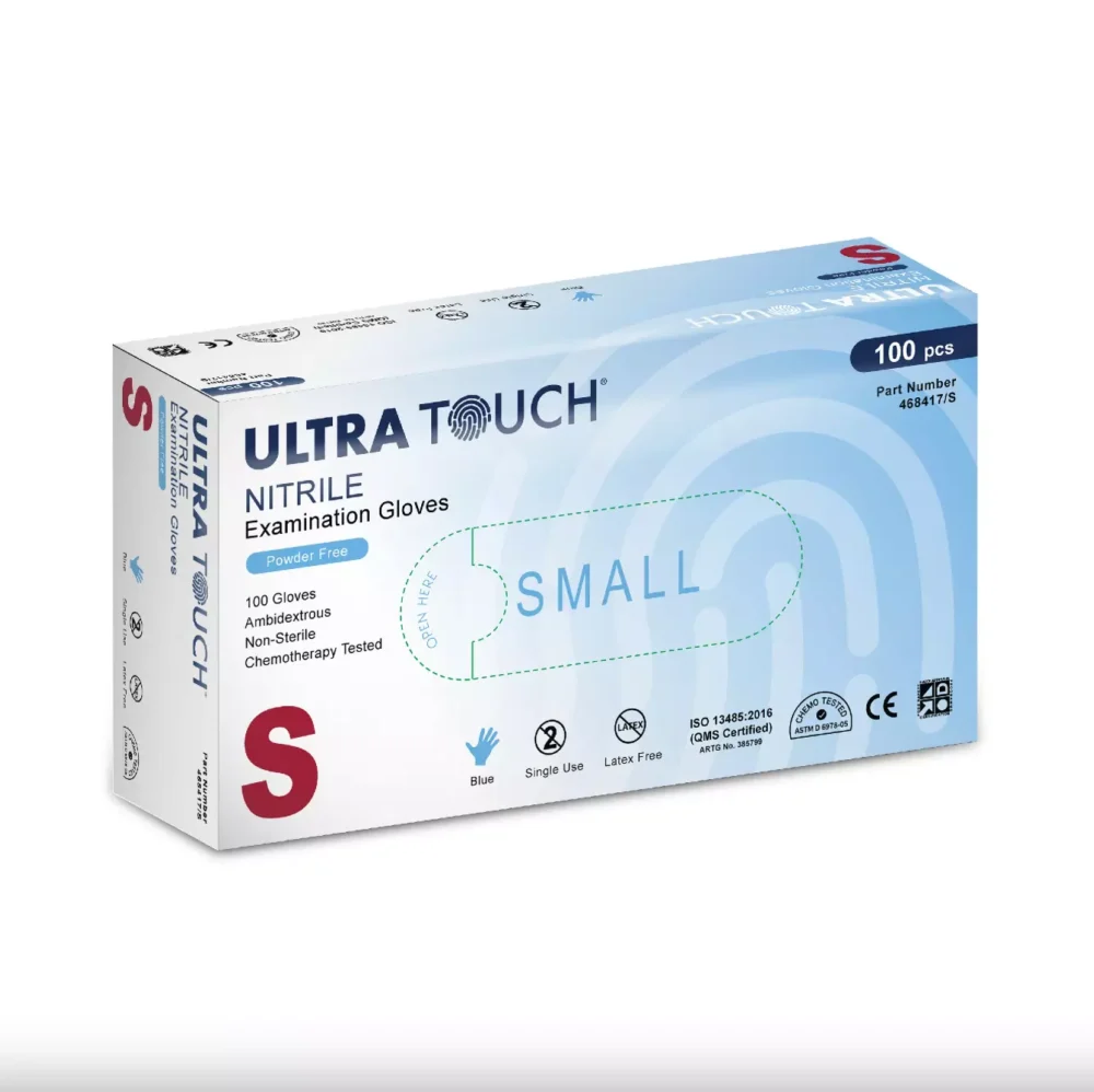 ULTRA TOUCH NITRILE GLOVES MEDICAL WEIGHT CHEMO-TESED POWDER-FREE BLUE 100 PACK