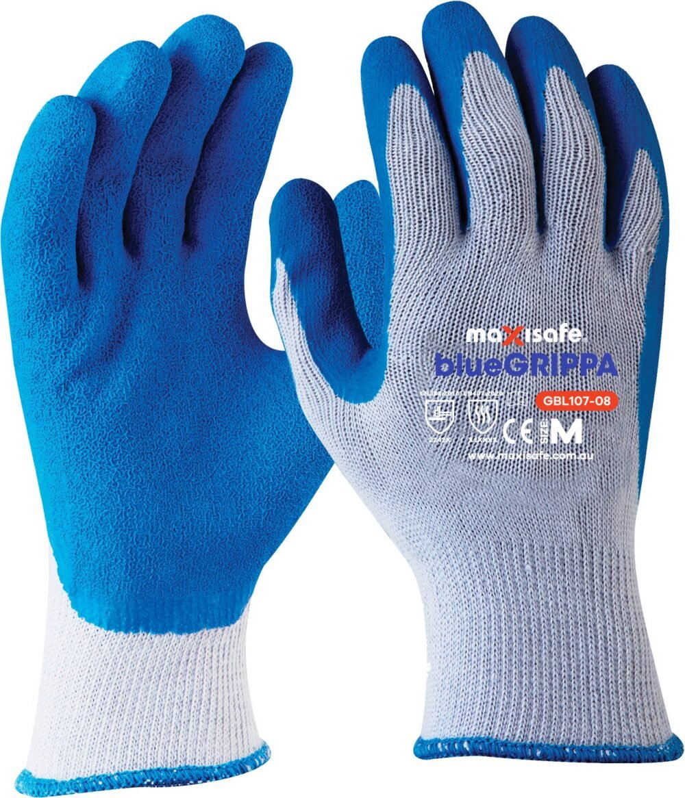 Blue Grippa Glove – Knitted Poly Cotton, Blue Latex Dipped Palm
